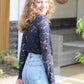 Kanten mesh top Tess | Donkerblauw top met lange mouwen en ronde hals - Iristra