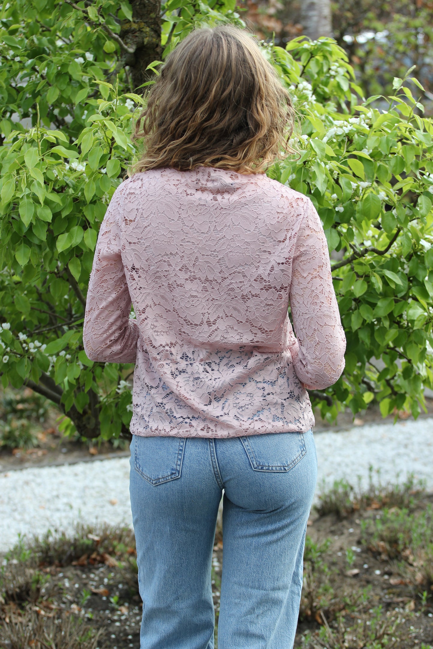 Kanten mesh top met lange mouwen en ronde hals Tess | Lichtroze - Iristra