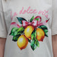 Shirt La dolce vita Sofia | Beige met citroenenprint en roze strik - Iristra